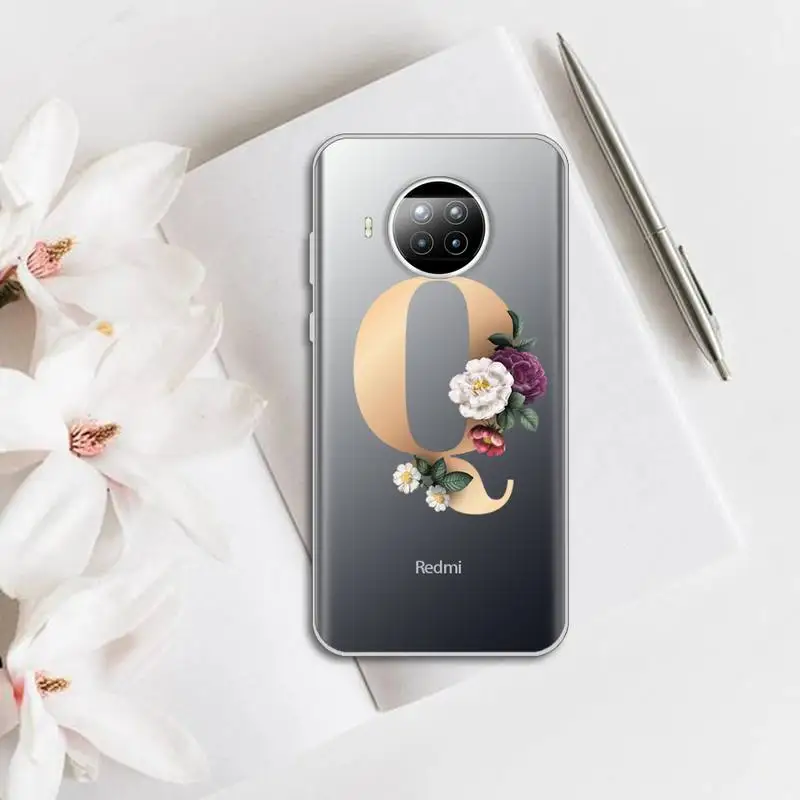 

Fashion 26 letters flower Phone Case Transparent for Xiaomi Redmi note 10 t 8 9 pro lite 11