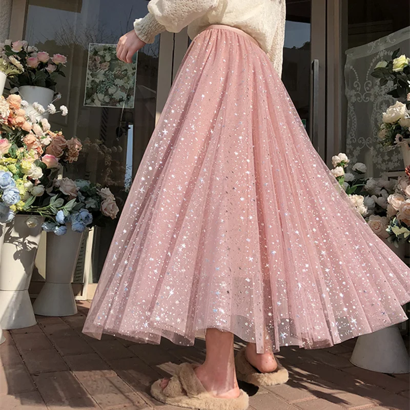 

Luxury Women Stars Sequins 2021 Spring Elastic Waist BlingBling 3 Layered Mesh Tulle Skirt long PInk Tutu Skirts