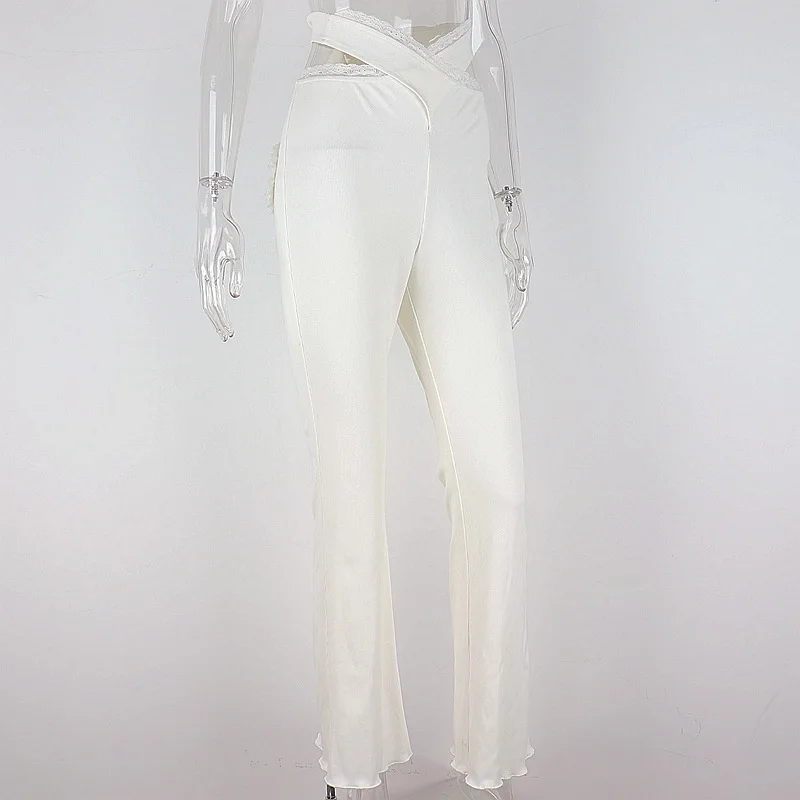 

CIGGANTFUL Sexy High Waist Lace Cross Straps Slim Fit Flared Pants Sweet Peach Heart Lace Stitching Trousers Casual Streetwear