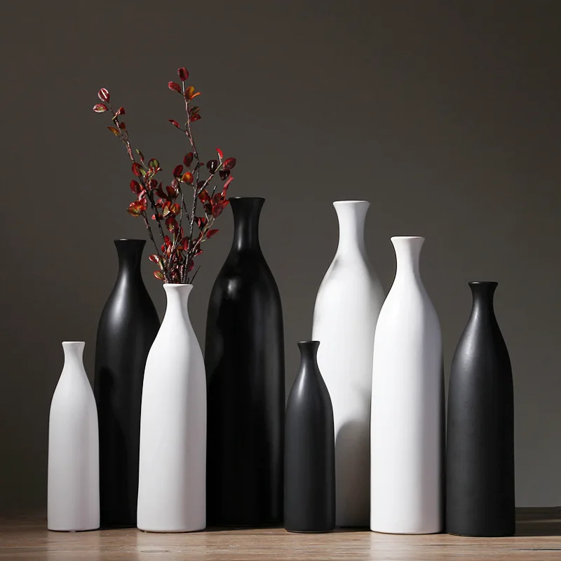 Bottle plain black white vases simple classic vaso ceramic pot elegant home office entrance decoration gifts for wedding