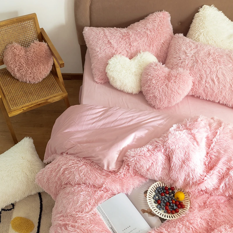 

4pcs Long Mink Hair Bedding Set Long Hair +cashmere Fleece Duvet Cover Set Thicken Warm Bed Linen Set Sweet Pink Bed Set