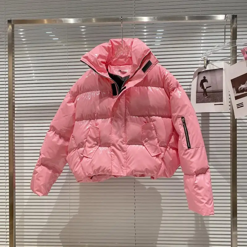 Online Celebrity 2021 Zipper Sleeve Color Glossy Patent Leather Stand Collar Cotton-padded Jacket Cotton Coat Clothes Women Y2K