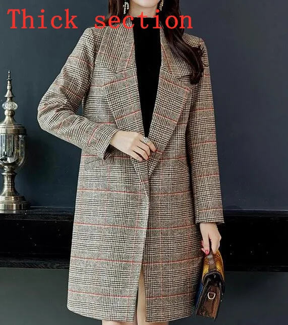 coffee Thick section Корейское шерстяное пальто женское с длинным рукавом с отложным воротником Верхняя одежда куртка Повседневная Осень Зима Женское клетчатое элегантное пальто - Цвет: coffee Thick section