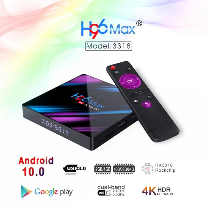 

ТВ-приставка H96 MAX RK3318, 2 + 16/4/32/4/64 ГБ, H.265, 3D, Android 10,0