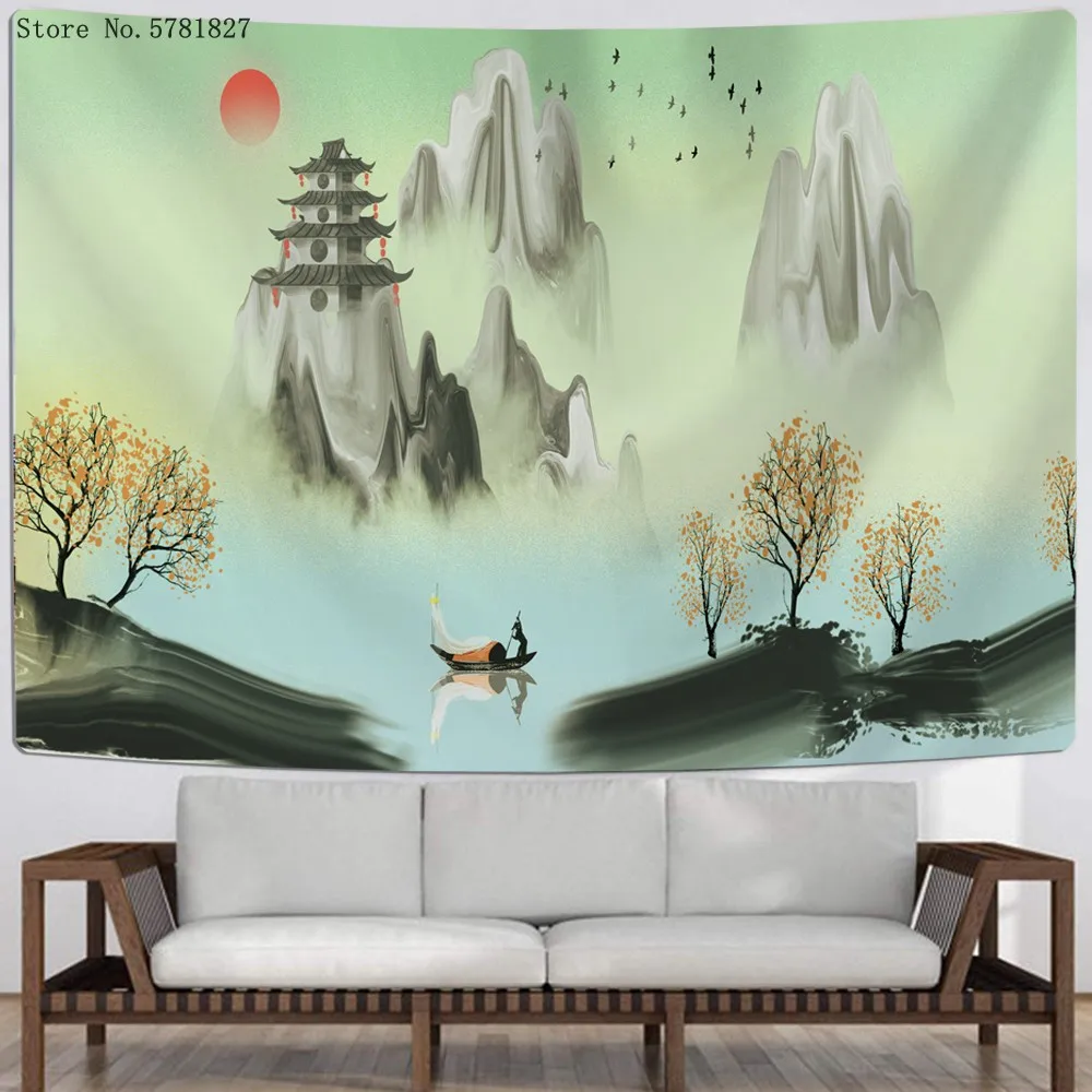 Настенный гобелен в китайском стиле с 3D рисунком настенный изображением гор воды