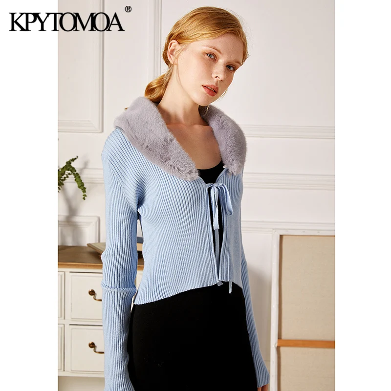 KPYTOMOA женский модный вязаный кардиган с пэчворком из искусственного меха