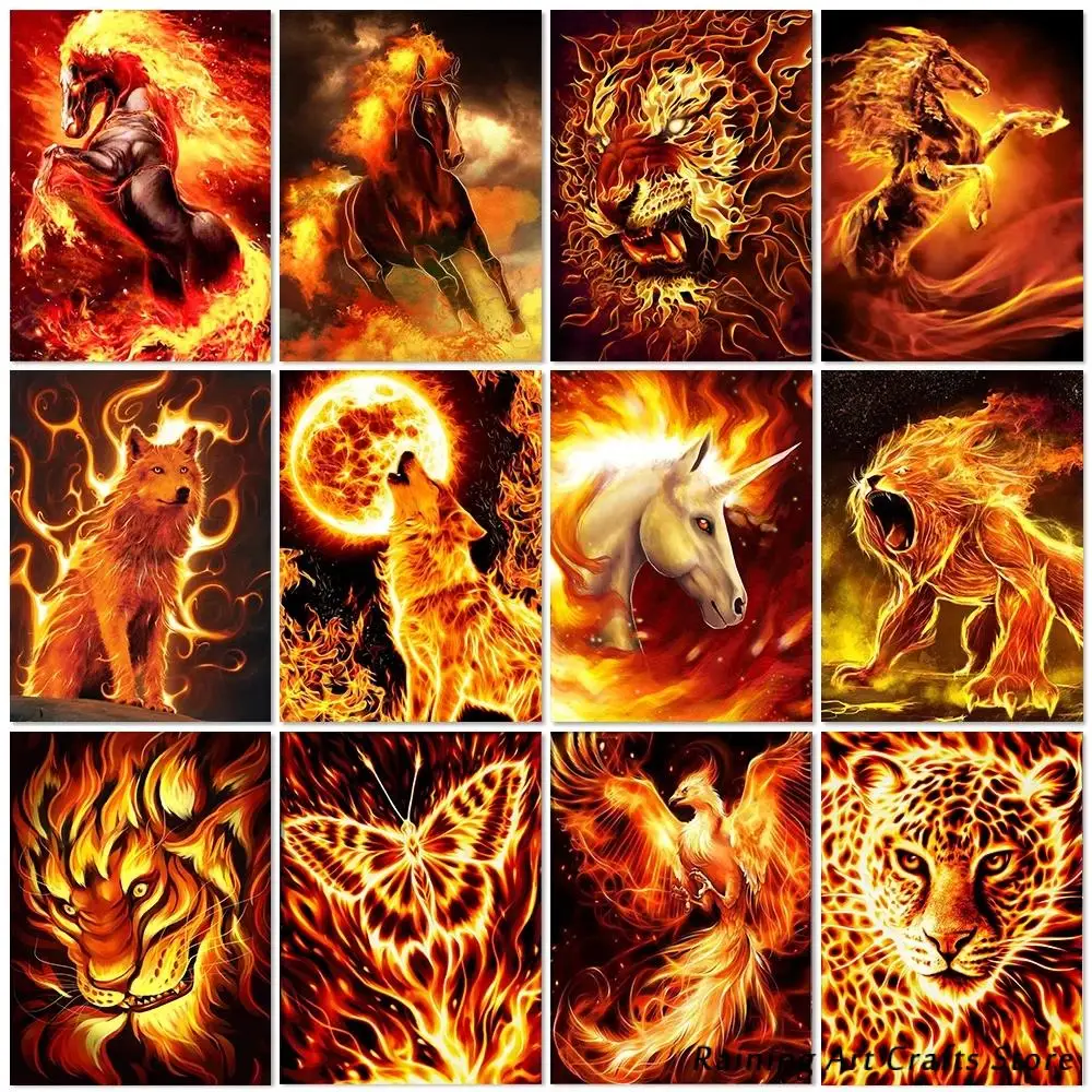 

Full Round Square Drill Diy Diamond Painting Fire Lion Tiger Horse Embroidery Cross Stitch Kits Animal Mosaic Picture Home Decor
