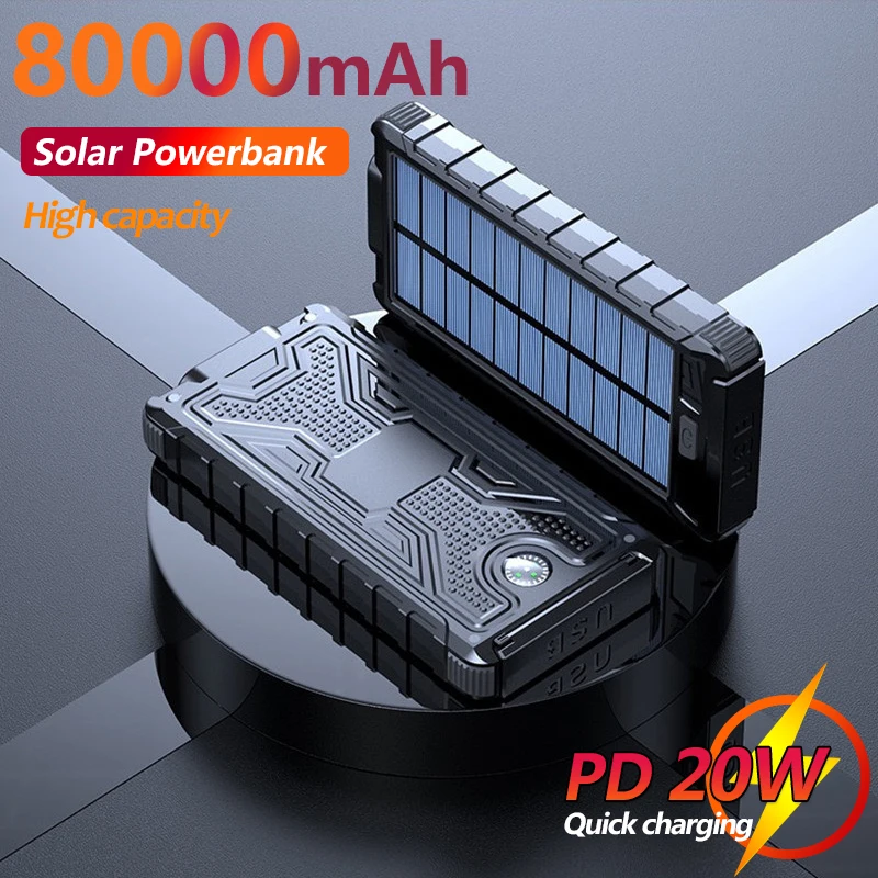

80000mAh Solar Waterproof Power Bank Fast Charger for Outdoor Travel with LED Portable External Battery Power Bank