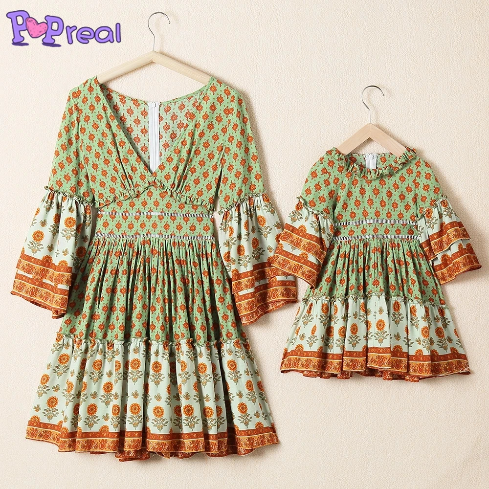 

PopReal Parent-Child Outfit Fashion V-Neck Mother Kids Dress Family Matching Clothes Print Flared SleeveMother Daughter Outfits