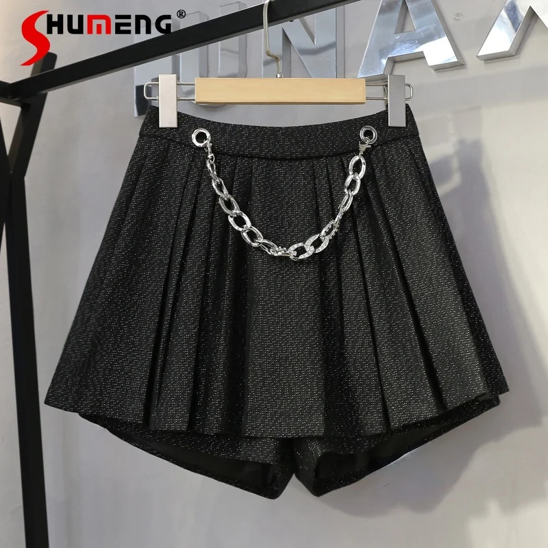 

2022 Spring New Ladies Fashion Chain Bright Silk Loose Shorts Women's Elegant High Waist Pleated A- Line Wide Leg Skirt Shorts