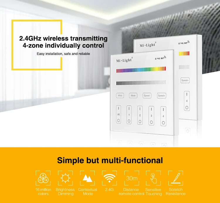 

Milight T3 AC220V 4-Zone RGB/RGBW and brightness dimming Smart Panel Remote Controllerr for led strip light lamp or bulb lights