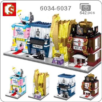 6034-6037 Sembo Mini City Street, кофейная пицца, хижина, магазин, ресторан, Китай, городской набор, 3D модель, блоки, строительные игрушки для детей, без коробки - Цвет: 6034-6037