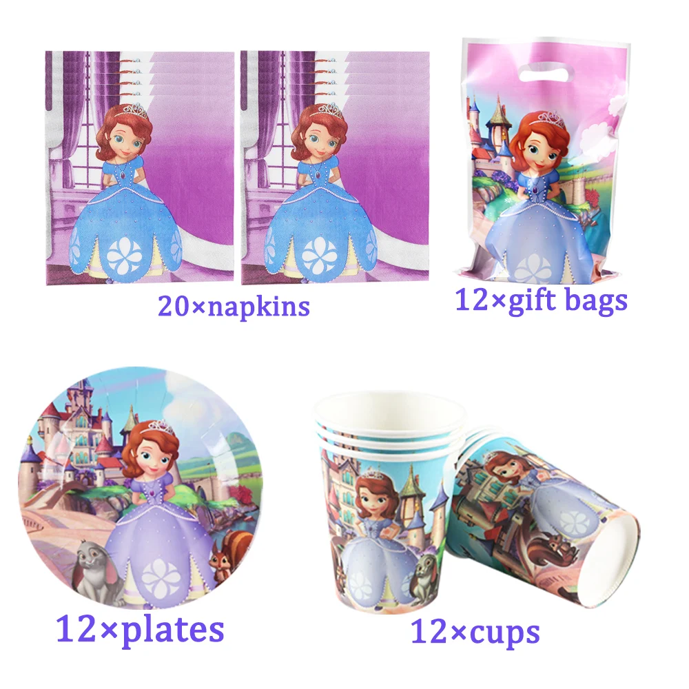 

Disney Theme Sofia Princess Girls Birthday Decorations Cups Plate Fork Spoon Disposable Tableware Baby Shower Party 56/36Pcs