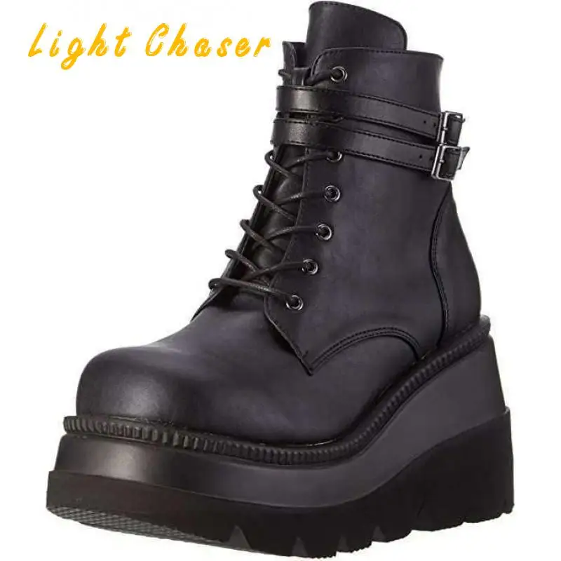 Rimocy White Black Pu Leather Ankle Boots Women Autumn Winter Round Toe Lace Up Shoes Woman Fashion Motorcycle Platform Botas