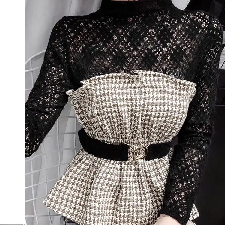 

2021 Female Design Sense Niche Stitching Plaid Top Western Style Waist Waist Fake Two-piece Lace Shirt