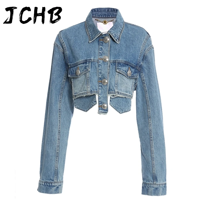 

JCHB Lapel Collar Solid Blue Streetwear Pocket Single Breasted Short Fringe Denim Coats And Jackets Women 2021 Spring GX264
