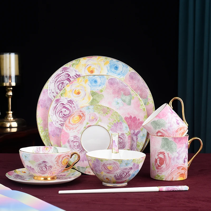 

Kitchen 8PCS Ceramics Gold Line Bowl Plate Dish Cup and Saucer Sets Bone China Art Flower Tableware Dinner set Free Shipping