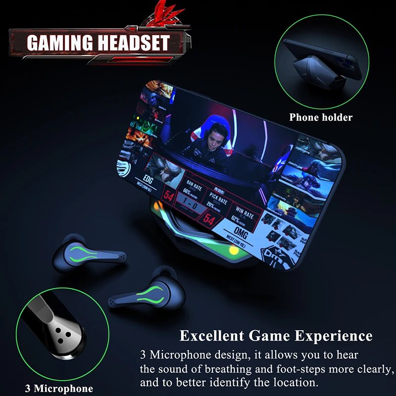 

NEW 5.0 Tws Wireless Bluetooth Earphones with LED Light Low Latency Gaming Stereo True Wireless Earbuds Waterproof for phone