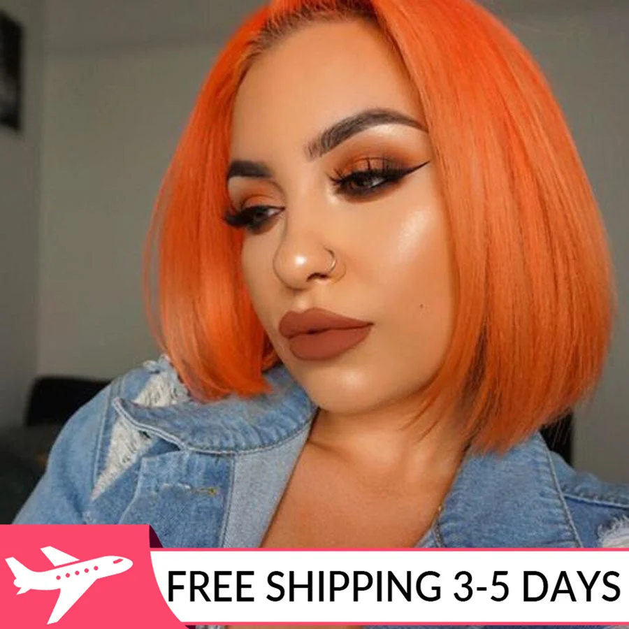 

Парик Orange Bob, прямые человеческие волосы, плотность 180%, Короткие парики на сетке, предварительно выщипанные, средней части, отбеленные, с дет...