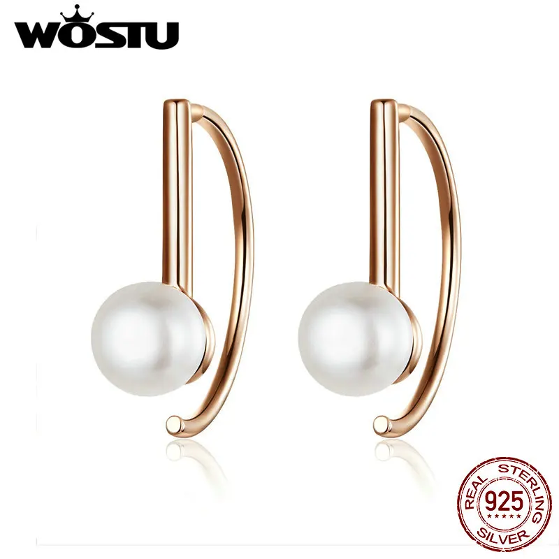 

WOSTU Rose Gold Semicircle Stud Earrings 925 Sterling Silver Freshwater Pearls Small Earrings For Women Wedding Jewelry CQE604