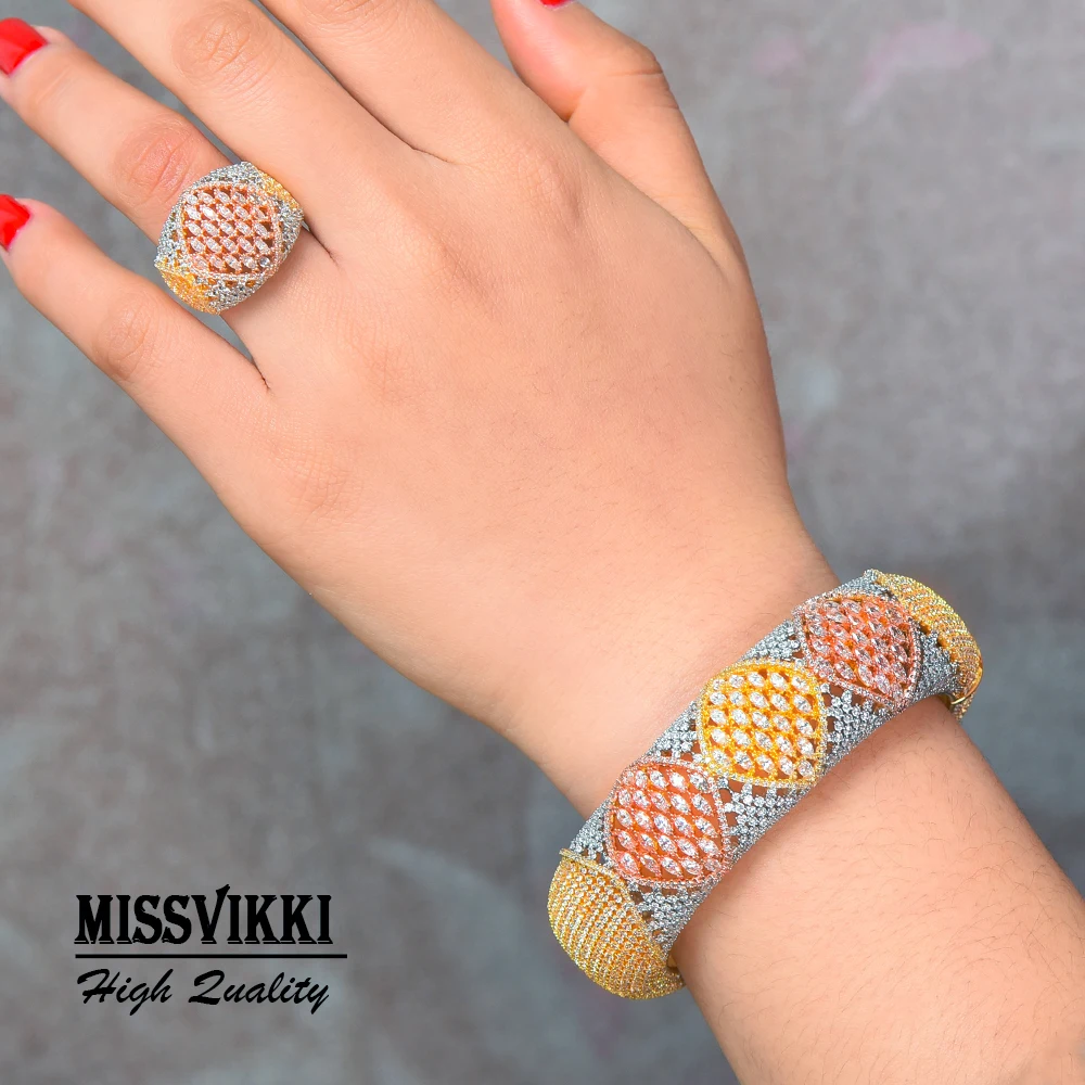 

missvikki High Quality New Luxury Big Bangle Ring Sets for Women Wedding Dubai Bridal Bangle Ring Sets aretes de mujer modernos
