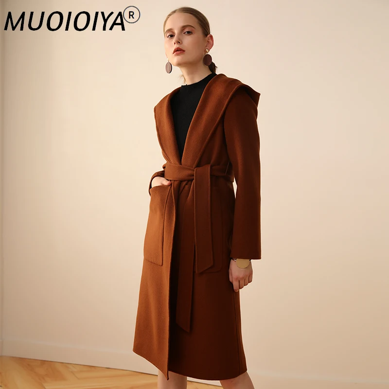 

2021 Fashion Double-sided Wool Coat Female Long Autumn Winter Jacket Women Loose 100% Wool Coats Hooded With Belt 1710