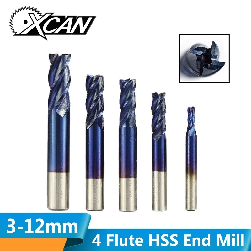 XCAN 1 шт. 2-13 мм супер синий нано покрытием HSS концевые фрезы с прямым хвостовиком Фрезы ЧПУ фрезы 4 флейты концевые фрезы