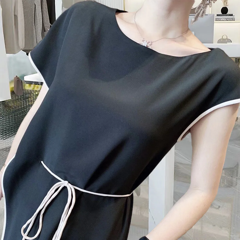 

Women Short Sleeve Round Neck Ribbon Ladies Fashion Fall Casual High Waist Irregular Dress Summer Split A Line Belt Long Skirt