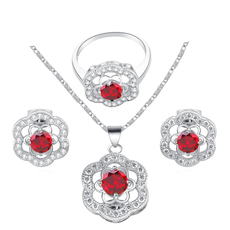 ROLILASON высокое качество красный цветок циркон AAA Циркон Серебро Модные украшения