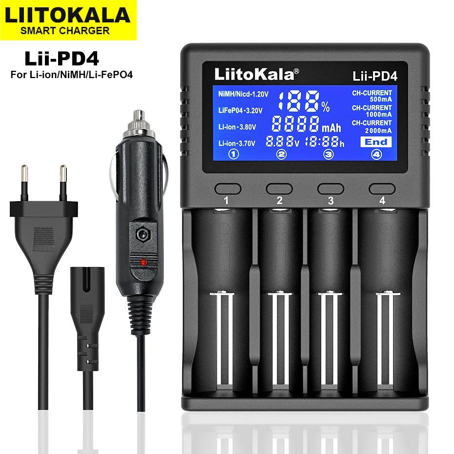 

NEW Liitokala Lii-PD4 3.7V 3.2V 1.2V battery charger LCD display 18650 21700 26650 20700 18350 26700 AA AAA etc Test capacity