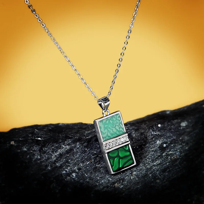 New 925 Silver Ladies Necklace Handmade Enamel Epoxy Creative Emerald Green Geometric Pattern Sweater Chain |