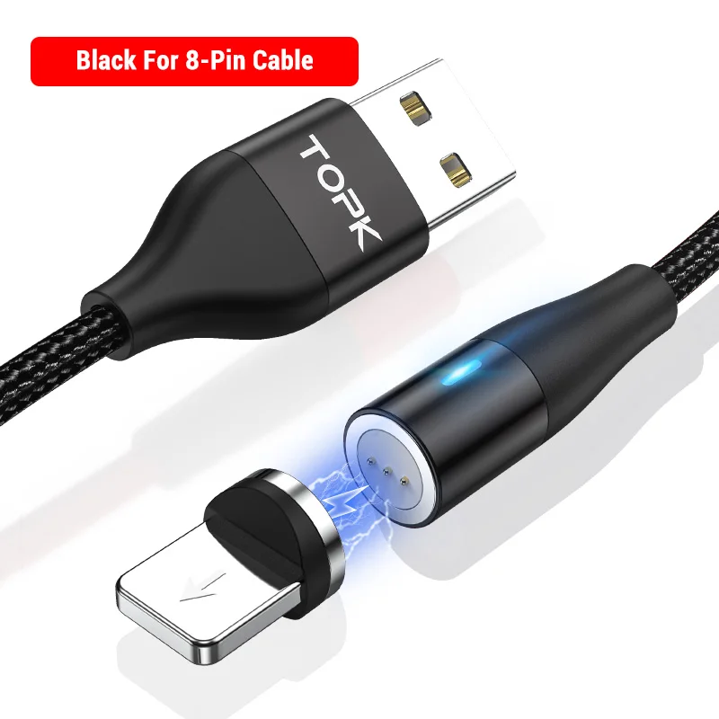 For 8 Pin Black TOPK 1 м 2 м Быстрый Магнитный кабель для передачи данных Micro USB кабель type C зарядное устройство для samsung Xiaomi Магнитный кабель для iPhone Android - Цвет: For 8 Pin Black
