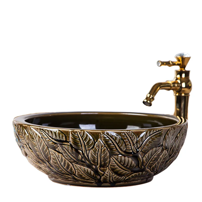 

Brown Europe Style China Artistic Handmade Counter top Ceramic Bathroom Vessel Sink hand wash basin