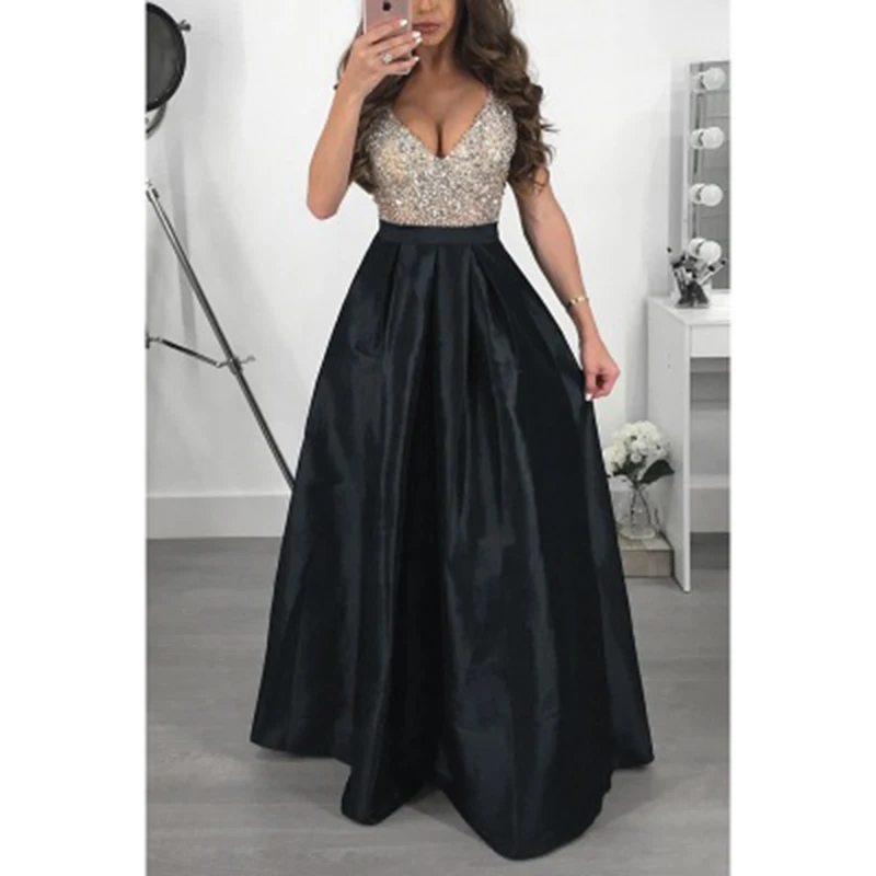 Elegant Sequin Formal Evening Party Dress Women A Line Long Occasion Dresses Vestido De Festa V Neck Sleveless Lady Prom Gowns |