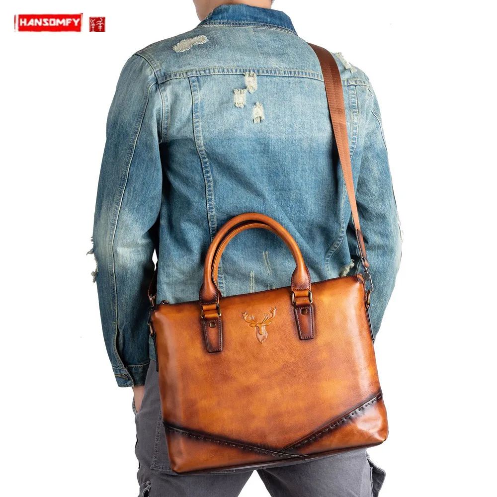 2022 Cowhide Leather Men Briefcase Business Shoulder Bag Leather Messenger Bags Computer Laptop Handbag Bag Men's Travel Bags