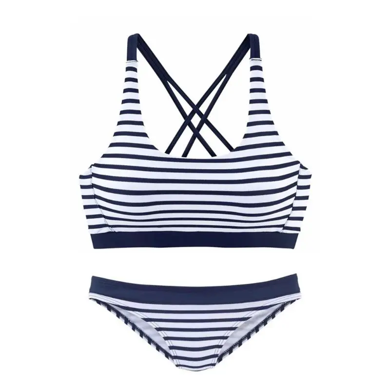 

Women Sexy Bikini Set Cross Strappy Backless Swimsuit Low Rise Stripes Beachwear A69C
