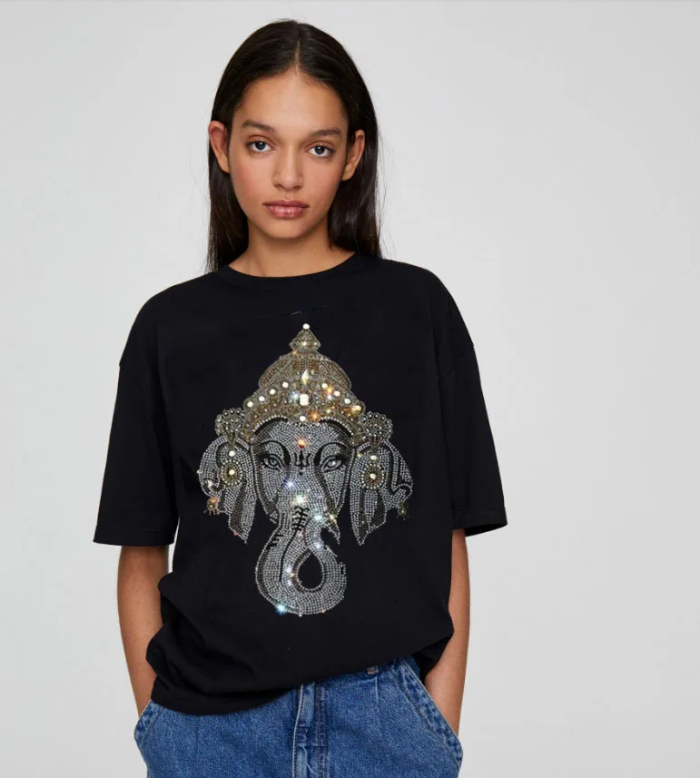 

Женская свободная футболка, модная летняя футболка оверсайз в стиле хип-хоп с коротким рукавом, 2020, хлопковые футболки со стразами