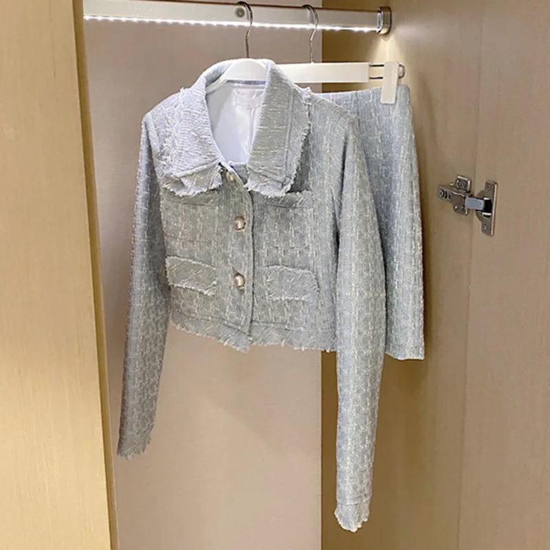 

High Quality Female Elegant Skirt Suits 2021 New Autumn Tweed Two Piece Set Women Outfits Crop Top Mini Skirt Set Vetement Femme