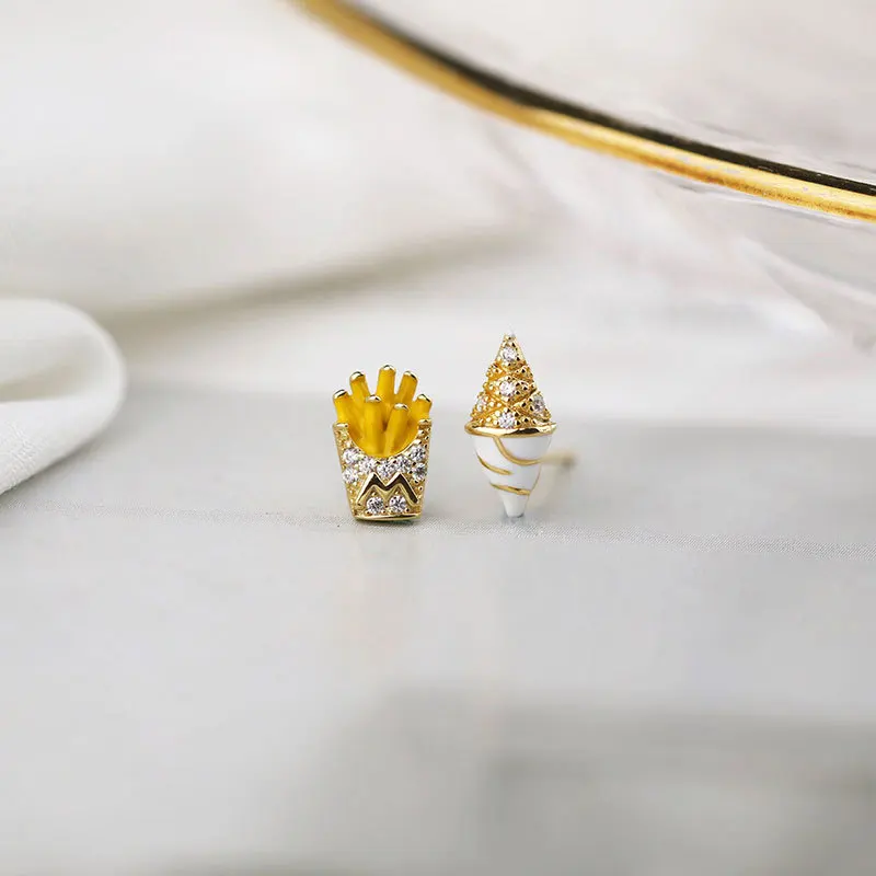 

S925 Sterling Silver Summer Fries Ice Cream Shape Asymmetrical Earrings Mini Snack Shape Creative Jewelry