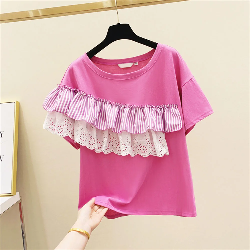 

2022 Summer Top Loose T-shirt Girls Students T Shirts Tees Lace Striped Panel Ruffles Pure Cotton Short Sleeve T-shirt Women