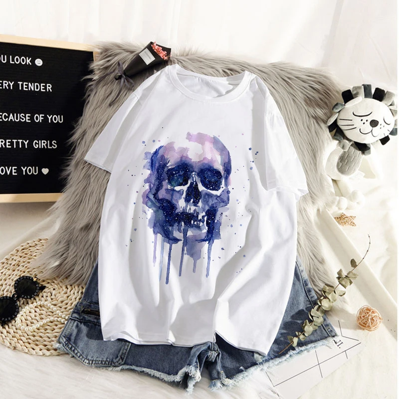 

Women Soft Casual White T shirts Tops funny printed streetwear T-shirt Creative skeleton summer Regular T-shirt