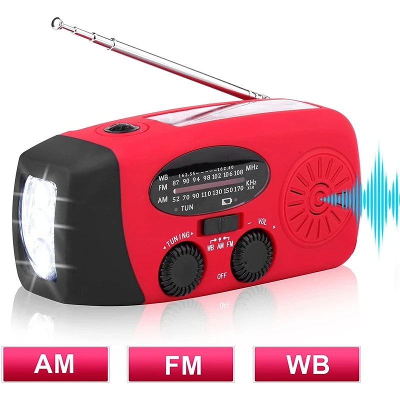 Solar Radio Emergency AM/FM/WB Weather Hand Crank With 3 LED Flashlight 1000 Mah As A Phone Power Bank |