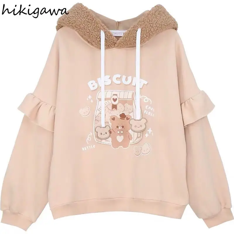 

Hikigawa Japanese Sweet Cute Bear Print Hoodies Women Loose Preppy Soft Pullover Tops Lambswool Patchwork Wave Selvedge Hooded