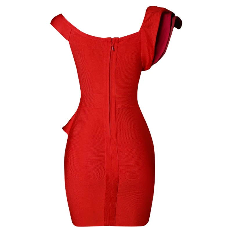 

BEAUKEY 2021 New Women Sexy Red Mini Butterfly Single Sleeve Dress Rayon Bodycon Ruffles V-Neck Dresses Celebrity Party Wear