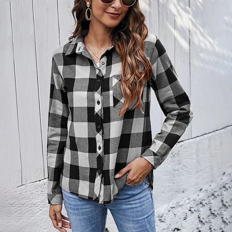 

2021 Fashion Women Plaid Shirts Female Cotton Blouse Long Sleeve Checkered Shirt Slim Turn-down Collar Cardigan Blusas Femininas