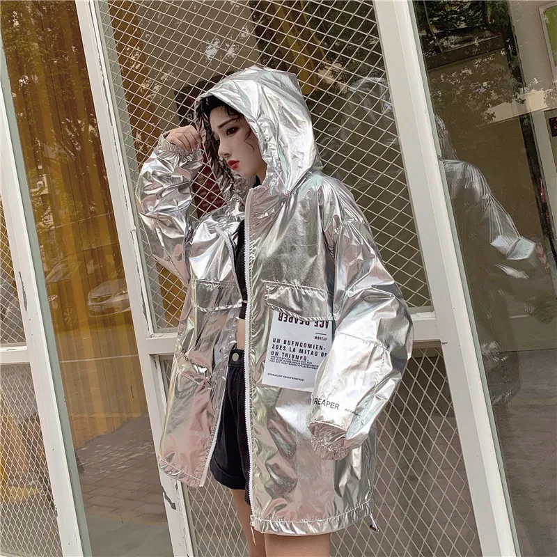 

Cotday Long Loose With Hooded Silver Bright Leather 2020 New Autumn Harajuku Streetwear Women Jacket Sunscreen Clothes Coat
