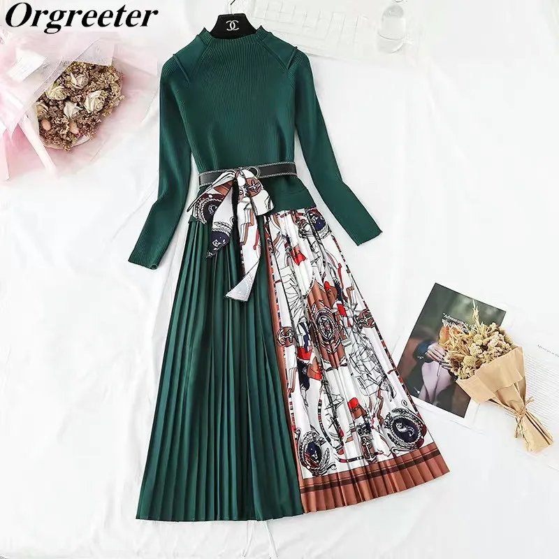 

Vintage Print Knitted Patchwork Pleated Dresses Women 2021 Fall Winter Long Sleeve Sweater Dress Green Dress Free Belt Scarf