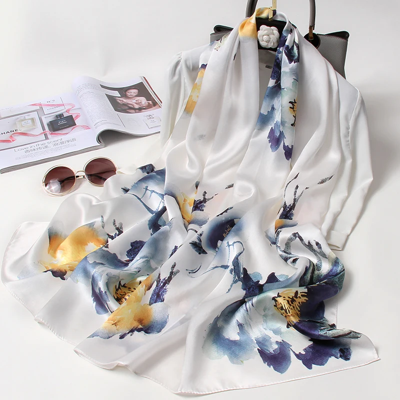 100% echte Seide Schal Frauen Luxus Taschentuch Neckscarf Gedruckt Hangzhou Natürliche Seide Schal Weiche Lange Kopftuch Foulard Femme