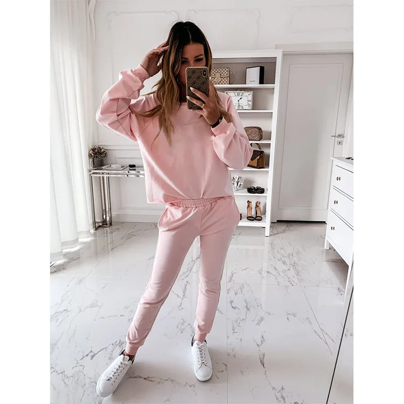 

Women Solid Color Plus Size Tracksuit Two Piece Set Pants Long Sleeve T-shirt Autumn Streetwear 2 Pieces Pullover Solid Clothes
