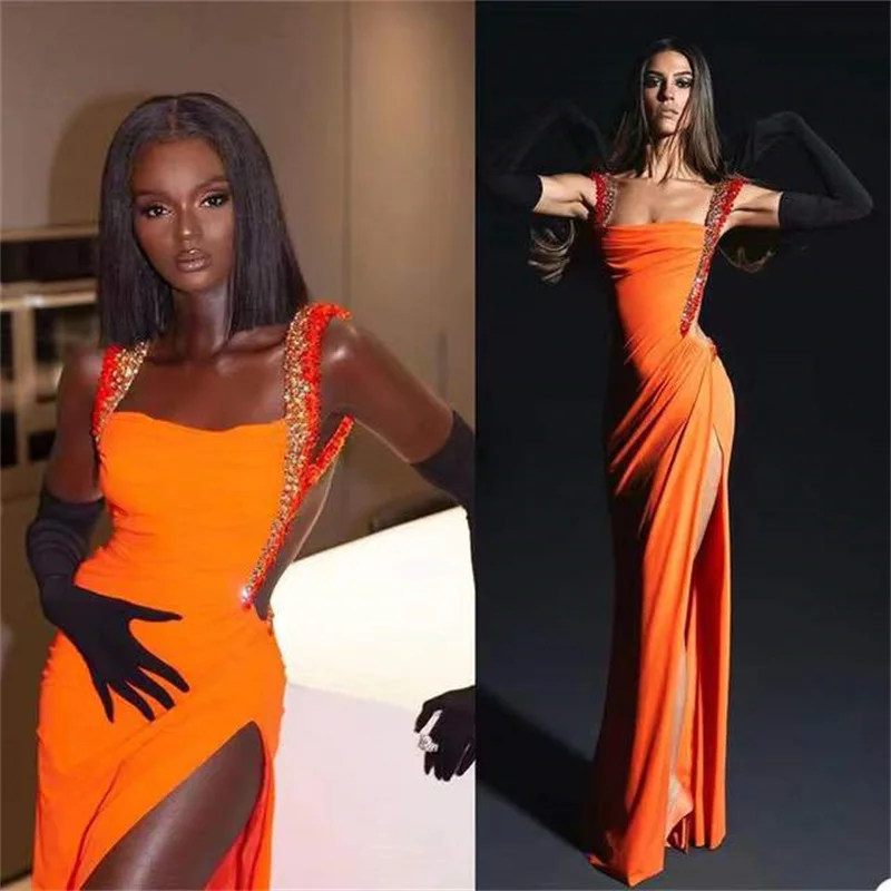 

Fashion Orange Evening Dress Side Split Crystal Straps Formal Prom Gowns Backless Long Party Dresses Custom Made